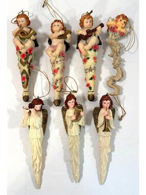 Vintage Christmas Tree Angel Cherub Icicle Ornaments Playing Music Lot of 7 READ